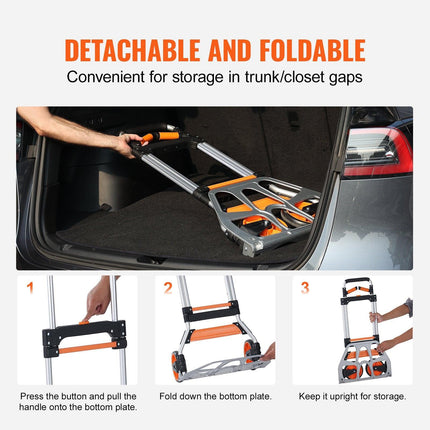 Folding Hand Truck, 140 kg Load Capacity, Aluminum Portable Cart, Convertible Hand Truck and Dolly with Telescoping Handle and PP+TPR Wheels, Ultra Lightweight Super Strong for Moving Warehouse.