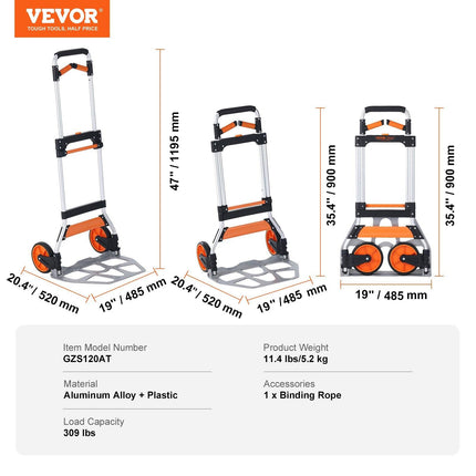 Folding Hand Truck, 140 kg Load Capacity, Aluminum Portable Cart, Convertible Hand Truck and Dolly with Telescoping Handle and PP+TPR Wheels, Ultra Lightweight Super Strong for Moving Warehouse.