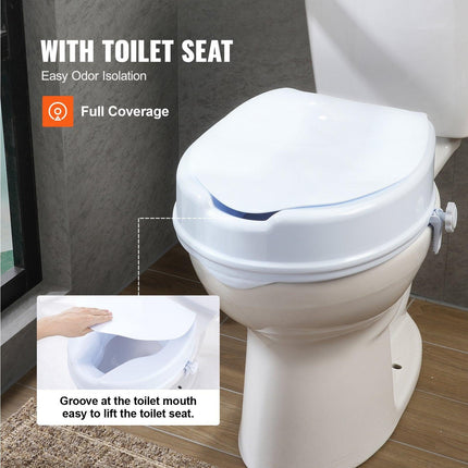 Raised Toilet Seat, 100 mm Height Raised, 136 kg Weight Capacity, Universal Toilet Seat Riser, Screw Rod Locking, with Toilet Seat, for Elderly, Handicap, Patient, Pregnant, Medical.