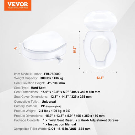 Raised Toilet Seat, 100 mm Height Raised, 136 kg Weight Capacity, Universal Toilet Seat Riser, Screw Rod Locking, with Toilet Seat, for Elderly, Handicap, Patient, Pregnant, Medical.