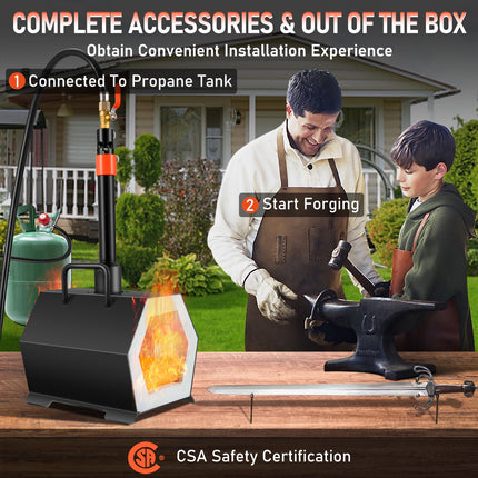 Propane Forge Portable, Single Burner Tool and Knife Making, Large Capacity Blacksmith Farrier Forges, Mini Furnace Blacksmithing, Gas Forging Tools and Equipment, Complete Kit.