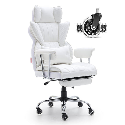 Reclining Office Chair with Footrest, Heavy Duty PU Leather Wide Office Chair, Big and Tall Executive Office Chairs with Lumbar Support, Strong Metal Base Quiet Wheels, White.