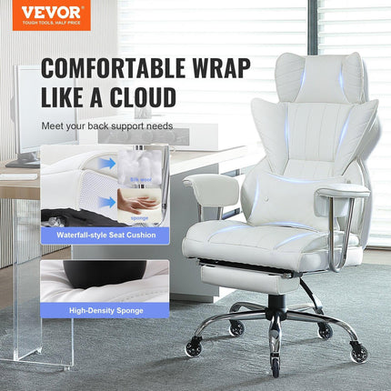 Reclining Office Chair with Footrest, Heavy Duty PU Leather Wide Office Chair, Big and Tall Executive Office Chairs with Lumbar Support, Strong Metal Base Quiet Wheels, White.