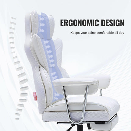 Reclining Office Chair with Footrest, Heavy Duty PU Leather Wide Office Chair, Big and Tall Executive Office Chairs with Lumbar Support, Strong Metal Base Quiet Wheels, White.
