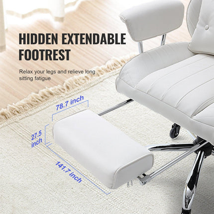 Reclining Office Chair with Footrest, Heavy Duty PU Leather Wide Office Chair, Big and Tall Executive Office Chairs with Lumbar Support, Strong Metal Base Quiet Wheels, White.