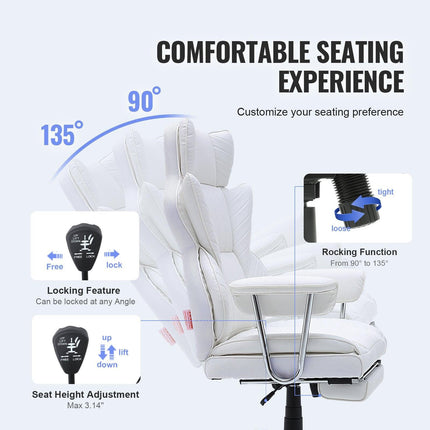 Reclining Office Chair with Footrest, Heavy Duty PU Leather Wide Office Chair, Big and Tall Executive Office Chairs with Lumbar Support, Strong Metal Base Quiet Wheels, White.