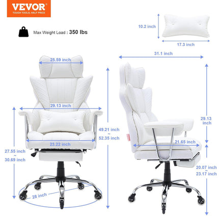 Reclining Office Chair with Footrest, Heavy Duty PU Leather Wide Office Chair, Big and Tall Executive Office Chairs with Lumbar Support, Strong Metal Base Quiet Wheels, White.
