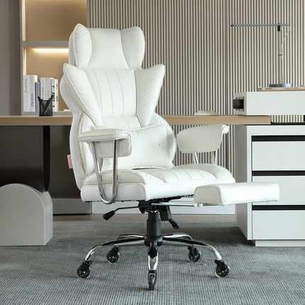 Reclining Office Chair with Footrest, Heavy Duty PU Leather Wide Office Chair, Big and Tall Executive Office Chairs with Lumbar Support, Strong Metal Base Quiet Wheels, White.