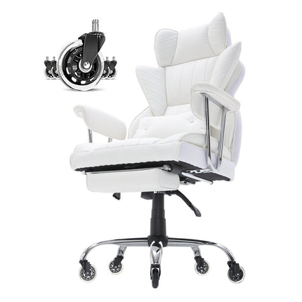 Reclining Office Chair with Footrest, Heavy Duty PU Leather Wide Office Chair, Big and Tall Executive Office Chairs with Lumbar Support, Strong Metal Base Quiet Wheels, White.