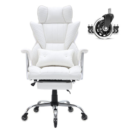 Reclining Office Chair with Footrest, Heavy Duty PU Leather Wide Office Chair, Big and Tall Executive Office Chairs with Lumbar Support, Strong Metal Base Quiet Wheels, White.