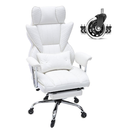 Reclining Office Chair with Footrest, Heavy Duty PU Leather Wide Office Chair, Big and Tall Executive Office Chairs with Lumbar Support, Strong Metal Base Quiet Wheels, White.