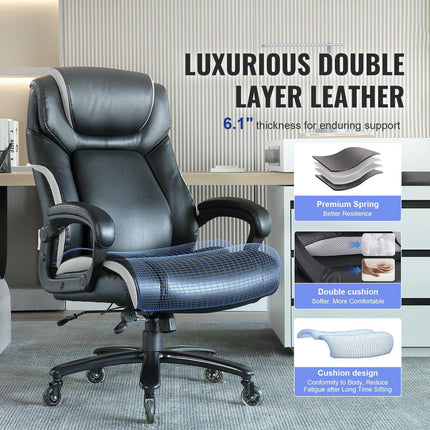 Heavy Duty Executive Office Chair with Cutting-edge Adjustable Lumbar Support for Long Hours, Big and Tall 400lbs Office Chair, Wide Thick Padded Strong Metal Base Quiet Wheels.
