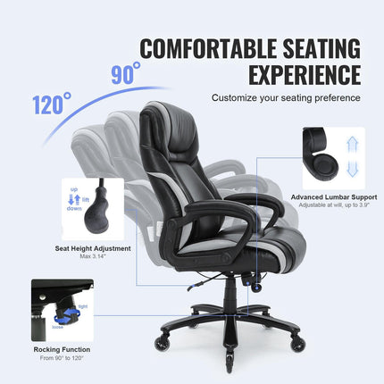 Heavy Duty Executive Office Chair with Cutting-edge Adjustable Lumbar Support for Long Hours, Big and Tall 400lbs Office Chair, Wide Thick Padded Strong Metal Base Quiet Wheels.