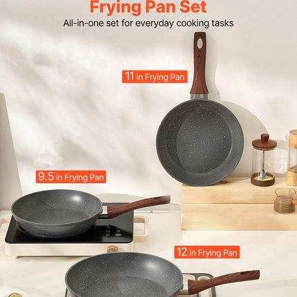 Frying Pan Skillet, Aluminum Egg Fry Pans, 3 Piece Set (250, 280, 325 mm), Nonsitck Heavy-Duty Skillets with Heat-Resistant Handle, Chef's Kitchen Cookware, for Gas, Electric, Induction, Grey.