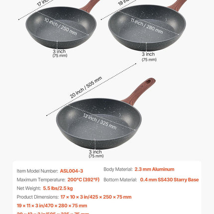 Frying Pan Skillet, Aluminum Egg Fry Pans, 3 Piece Set (250, 280, 325 mm), Nonsitck Heavy-Duty Skillets with Heat-Resistant Handle, Chef's Kitchen Cookware, for Gas, Electric, Induction, Grey.