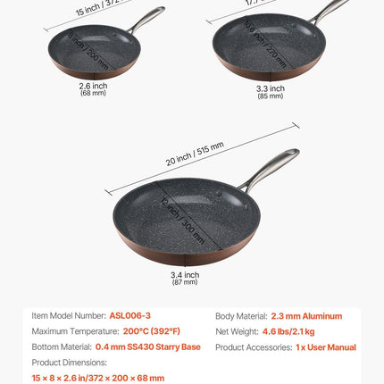 Frying Pan Skillet, Aluminum Egg Fry Pans, 3 Piece (200, 270, 300 mm), Nonsitck Ceramic Heavy-Duty Skillets with Heat-Resistant Handle, Chef's Cookware, for Oven, Gas, Electric, Induction, Grey.