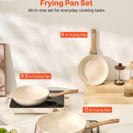 Frying Pan Skillet, Aluminum Egg Fry Pans, 3 Pcs (200, 240, 280 mm), Nonsitck Ceramic Heavy-Duty Skillets with Heat-Resistant Handle, Chef's Kitchen Cookware for Gas, Electric, Induction, Beige.