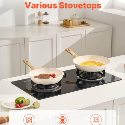 Frying Pan Skillet, Aluminum Egg Fry Pans, 3 Pcs (200, 240, 280 mm), Nonsitck Ceramic Heavy-Duty Skillets with Heat-Resistant Handle, Chef's Kitchen Cookware for Gas, Electric, Induction, Beige.