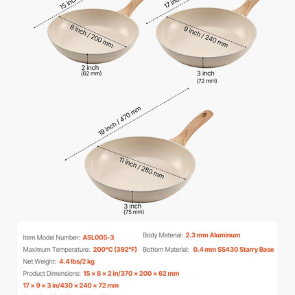 Frying Pan Skillet, Aluminum Egg Fry Pans, 3 Pcs (200, 240, 280 mm), Nonsitck Ceramic Heavy-Duty Skillets with Heat-Resistant Handle, Chef's Kitchen Cookware for Gas, Electric, Induction, Beige.