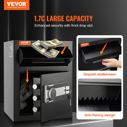 1.7 Cub Depository Safe, Deposit Safe with Drop Slot, Electronic Code Lock and 2 Emergency Keys, 17.71'' x 13.77'' x 13.77'' Business Drop Slot Safe for Cash, Mail in Home, Hotel, Office.