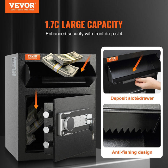 1.7 Cub Depository Safe, Deposit Safe with Drop Slot, Electronic Code Lock and 2 Emergency Keys, 17.71'' x 13.77'' x 13.77'' Business Drop Slot Safe for Cash, Mail in Home, Hotel, Office.