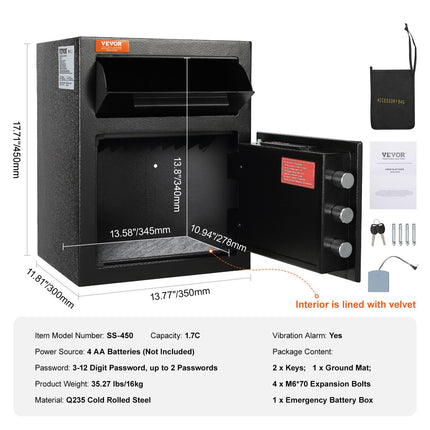 1.7 Cub Depository Safe, Deposit Safe with Drop Slot, Electronic Code Lock and 2 Emergency Keys, 17.71'' x 13.77'' x 13.77'' Business Drop Slot Safe for Cash, Mail in Home, Hotel, Office.