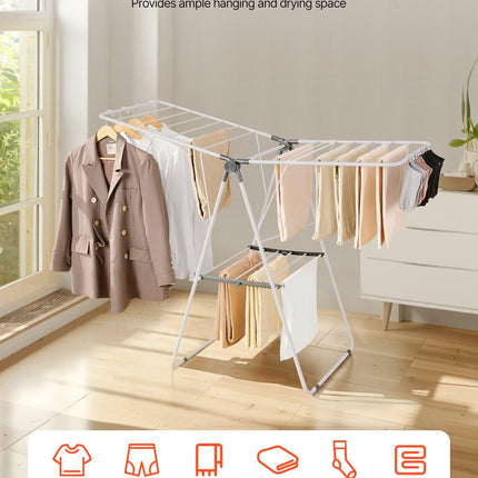 2-Tier Foldable Clothes Drying Rack with Sock Clips & 21 Drying Rods White.