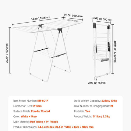 2-Tier Foldable Clothes Drying Rack with Sock Clips & 21 Drying Rods White.