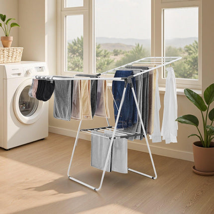 2-Tier Foldable Clothes Drying Rack with Sock Clips & 21 Drying Rods White.
