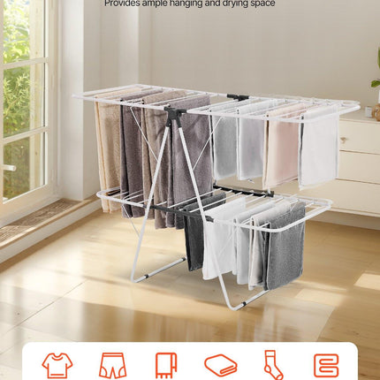 2-Tier Foldable Clothes Drying Rack with Sock Clips & 31 Drying Rods White.