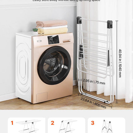 2-Tier Foldable Clothes Drying Rack with Sock Clips & 31 Drying Rods White.