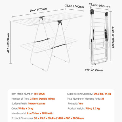 2-Tier Foldable Clothes Drying Rack with Sock Clips & 31 Drying Rods White.
