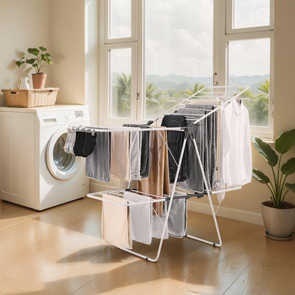 2-Tier Foldable Clothes Drying Rack with Sock Clips & 31 Drying Rods White.
