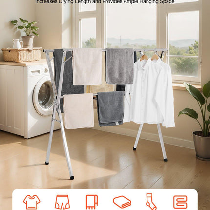 2-Tier Telescopic Clothes Drying Rack w/ 30 Windproof Holes & 2 Shoe Hooks.