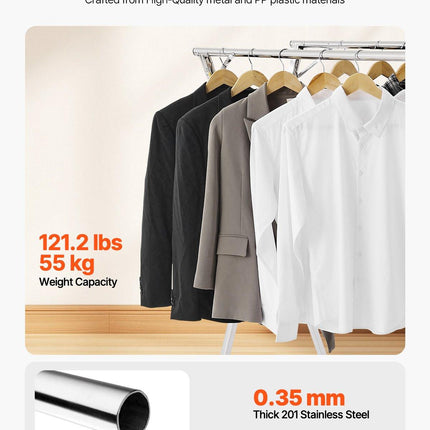 2-Tier Telescopic Clothes Drying Rack w/ 30 Windproof Holes & 2 Shoe Hooks.