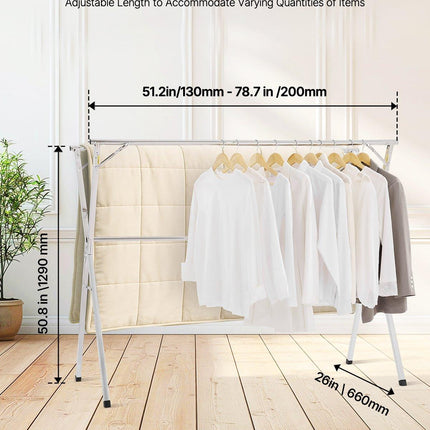 2-Tier Telescopic Clothes Drying Rack w/ 30 Windproof Holes & 2 Shoe Hooks.
