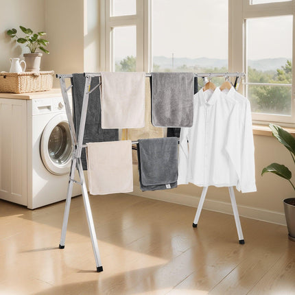 2-Tier Telescopic Clothes Drying Rack w/ 30 Windproof Holes & 2 Shoe Hooks.