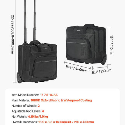 Rolling Laptop Bag 39.62 cm Wheeled Computer Bag for Women & Men Black.