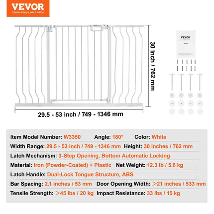 Baby Gate, 749-1346 mm Extra Wide, 762 mm High, Dog Gate for Stairs Doorways and House, Easy Step Walk Thru Auto Close Child Gate Pet Security Gate with Pressure Mount and Wall Mount Kit, White.