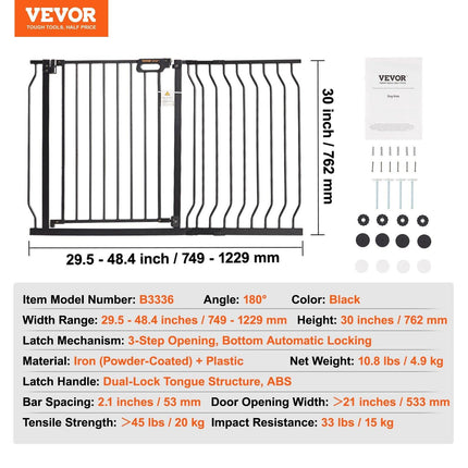 Baby Gate, 749-1229 mm Extra Wide, 762 mm High, Dog Gate for Stairs Doorways and House, Easy Step Walk Thru Auto Close Child Gate Pet Security Gate with Pressure Mount and Wall Mount Kit, Black.