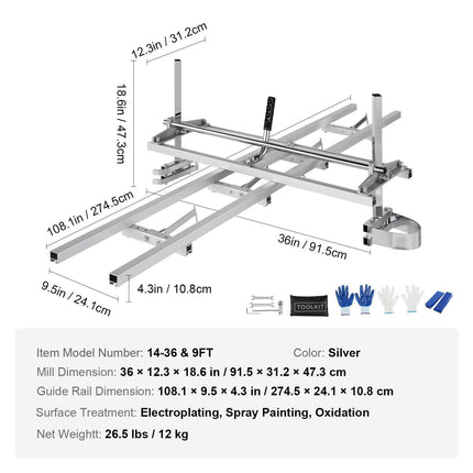 Chainsaw Mill 14"-36" Guide Bar and 9 ft Aluminum Rail Mill Guide System.