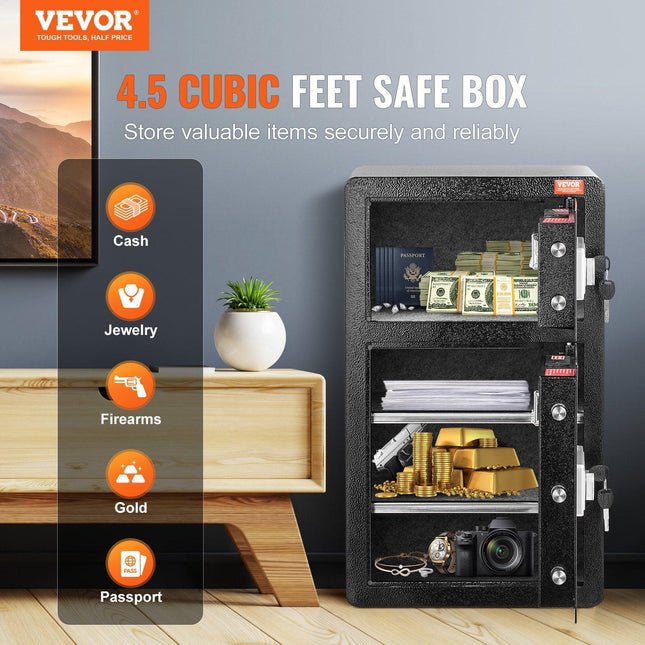 Double Doors 4.5 cu.ft Safe Box with Key Lock & Password, Safe Lock Box with Fireproof Bag, Key Rack, LED Light and 2 Height Adjustable and Removable Divider for Money, Documents, Jewelry and Valuables, Black.