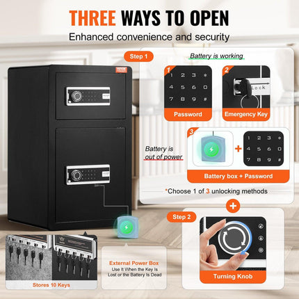 Double Doors 4.5 cu.ft Safe Box with Key Lock & Password, Safe Lock Box with Fireproof Bag, Key Rack, LED Light and 2 Height Adjustable and Removable Divider for Money, Documents, Jewelry and Valuables, Black.