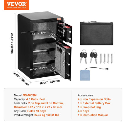 Double Doors 4.5 cu.ft Safe Box with Key Lock & Password, Safe Lock Box with Fireproof Bag, Key Rack, LED Light and 2 Height Adjustable and Removable Divider for Money, Documents, Jewelry and Valuables, Black.