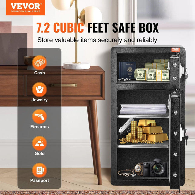 Double Doors 7.2 cu.ft Safe Box with Key Lock & Password, Safe Lock Box with Fireproof Bag, Key Rack, LED Light and 2 Height Adjustable and Removable Divider for Money, Documents, Jewelry and Valuables, Black.
