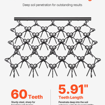 Drag Harrow, 5 x 4.5 ft Durable Chain Harrow with 60 Sharp Teeth, Suitable for ATV UTV Tractor, Ideal for Soil Preparation, Seeding, Smoothing Landscapes, and Yard Gravel Driveway Maintenance.