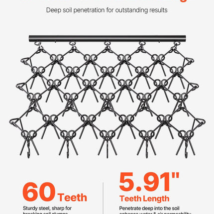 Drag Harrow, 5 x 4.5 ft Durable Chain Harrow with 60 Sharp Teeth, Suitable for ATV UTV Tractor, Ideal for Soil Preparation, Seeding, Smoothing Landscapes, and Yard Gravel Driveway Maintenance.