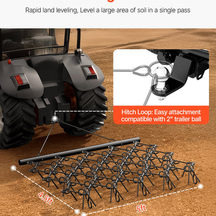 Drag Harrow, 5 x 4.5 ft Durable Chain Harrow with 60 Sharp Teeth, Suitable for ATV UTV Tractor, Ideal for Soil Preparation, Seeding, Smoothing Landscapes, and Yard Gravel Driveway Maintenance.