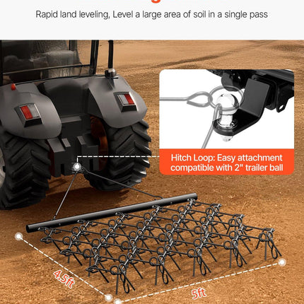 Drag Harrow, 5 x 4.5 ft Durable Chain Harrow with 60 Sharp Teeth, Suitable for ATV UTV Tractor, Ideal for Soil Preparation, Seeding, Smoothing Landscapes, and Yard Gravel Driveway Maintenance.