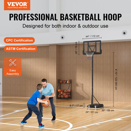 Basketball Hoop, 4-10 ft Adjustable Height Portable Backboard System, 44 inch Basketball Hoop & Goal, Kids & Adults Basketball Set with Wheels, Stand, and Fillable Base, for Outdoor/Indoor.